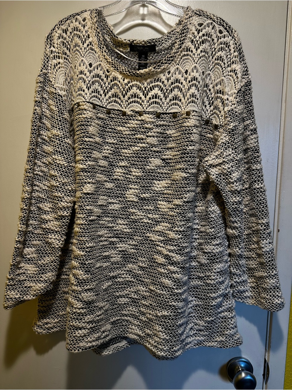 Style & Co. Black and Cream Knit Lace Yoke Pullover, 3x
